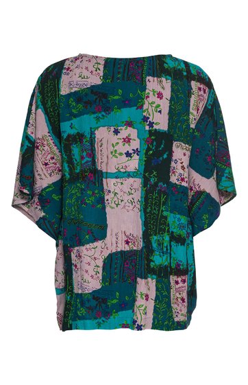 Lockeres Damenshirt in Petrol und Altrosa mit grünem Blumenmuster und abstrakten Rechtecken, überschnittene kurze Ärmel, Rundhalsausschnitt