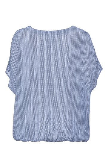 Hellblaues Damenoberteil mit dunklem geometrischem Muster, kurzer Kimonoärmel, Rundhalsausschnitt, gesmokter elastischer Saum, lockere Passform