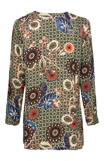 Langärmelige Bluse in Olivgrün mit buntem floralen Muster, Rundhalsausschnitt, gerade geschnitten