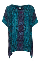 Locker geschnittene Bluse in Türkis mit dunklem Paisleymuster, rundem Ausschnitt, kurzen Ärmeln, seitlich verlängert, gerade Saumkante