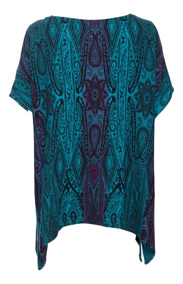 Lockeres Oberteil, petrolblau mit dunklem Paisleymuster, rundhals, kurze überschnittene Ärmel, asymmetrischer Saum mit ausgestellten Seiten