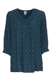 Damenbluse marineblau mit rundem Ausschnitt, allover Muster aus kreisförmigen Ornamenten, 3/4-Ärmel mit Rüschensaum, locker fallend