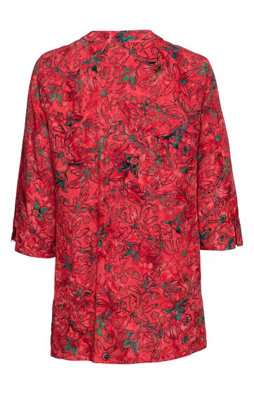 Roter Mantel mit schwarzem und grünen Blumenmuster, Stehkragen, verdeckter Knopfleiste, knielang, gerade geschnitten, lange Ärmel, ohne sichtbare Taschen