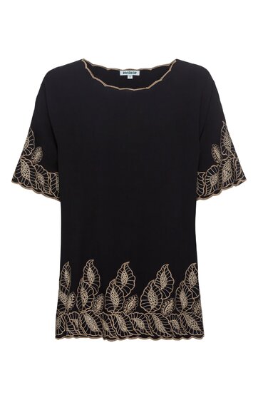 Schwarze Damenbluse mit beiger Blattstickerei am Saum und an den kurzen Ärmeln, Rundhalsausschnitt, gerade geschnitten