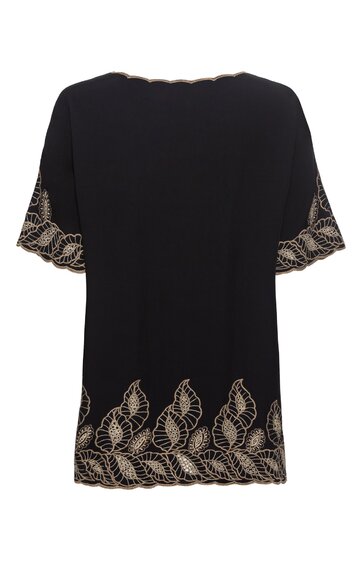 Schwarzes Damenoberteil mit halblangen Ärmeln, cremefarbene Blattstickerei an Ärmeln und Saum, rundem Ausschnitt, gerade geschnitten