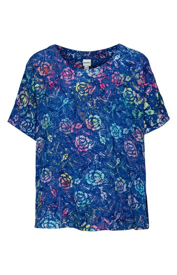 Blaues T-Shirt mit buntem floralem Muster, kurze Ärmel, Rundhalsausschnitt, lockere Passform