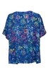 Bluse in dunklem Blau mit buntem Blumenmuster, kurze weite Ärmel, lockere Passform, runder Ausschnitt ohne Kragen