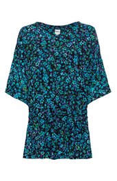 Damenbluse in Dunkelblau mit floralen Mustern in Türkis und Hellblau, Rundhalsausschnitt, halblange weite Ärmel, taillierter Schnitt, Knopfleiste vorne