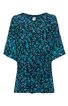 Damenbluse in Dunkelblau mit floralen Mustern in Türkis und Hellblau, Rundhalsausschnitt, halblange weite Ärmel, taillierter Schnitt, Knopfleiste vorne