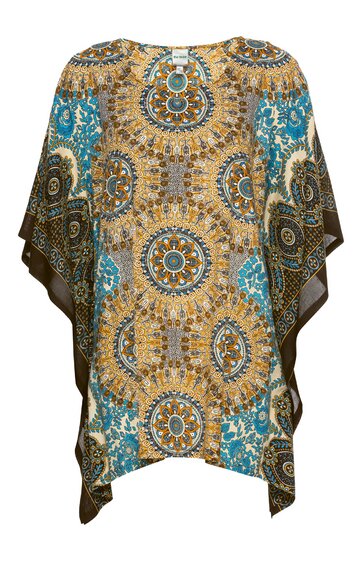 Poncho in senfgelb mit türkisblauem und braunem Ethno-Muster, rundhalsausschnitt, locker fallend, asymmetrischer Saum