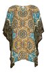 Poncho in senfgelb mit türkisblauem und braunem Ethno-Muster, rundhalsausschnitt, locker fallend, asymmetrischer Saum