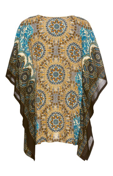 Poncho in Beige mit blauem und braunem Mandala-Muster, rundem Ausschnitt, asymmetrische Form, weit geschnitten, fließender Stoff
