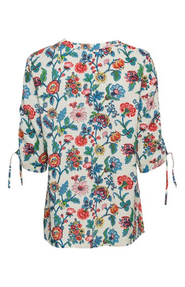 Weißes Damenblusenshirt mit buntem Blumenmuster, halblange Ärmel mit Bindebändern, rundem Ausschnitt, gerade geschnitten