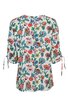 Weißes Damenblusenshirt mit buntem Blumenmuster, halblange Ärmel mit Bindebändern, rundem Ausschnitt, gerade geschnitten