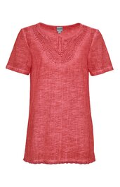 Korallenrotes Damen-T-Shirt mit Rundhalsausschnitt, kurzen Ärmeln, feiner Struktur und dekorativer Lochstickerei am Ausschnitt, gerade geschnitten, normale Länge