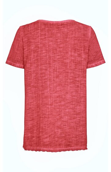 Rotes T-Shirt mit feinem meliertem Muster, kurzer Arm, Rundhalsausschnitt, gerade geschnitten, leicht strukturierter Stoff, gerade gesäumt