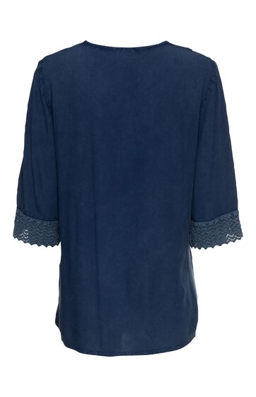 Dunkelblaues Langarmshirt ohne Muster, Rundhalsausschnitt, Ärmel mit Spitzenbesatz, gerade geschnitten