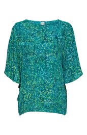 Blause mit längerem, lockerem Schnitt, türkisgrüner Grund mit abstract floralem Muster in Blau und Gelb, Rundhalsausschnitt, halblange, weite Ärmel