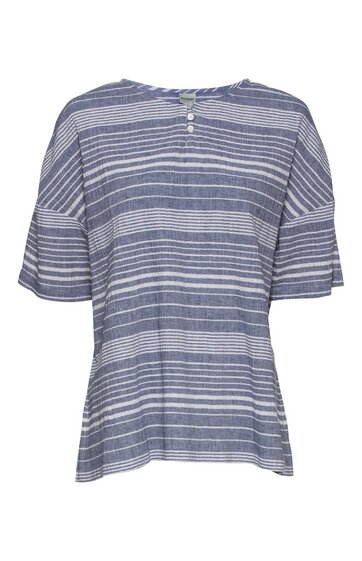 Blau-weiß gestreiftes kurzärmeliges Oberteil, Rundhalsausschnitt mit Knopfleiste vorne, lockere Passform, Ärmel mit Volantabschluss