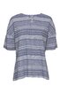 Blau-weiß gestreiftes kurzärmeliges Oberteil, Rundhalsausschnitt mit Knopfleiste vorne, lockere Passform, Ärmel mit Volantabschluss