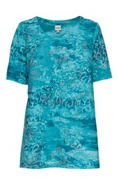 Türkisfarbenes T-Shirt mit abstraktem Muster in Hellblau und Grau, Rundhalsausschnitt, kurze Ärmel, gerade Form
