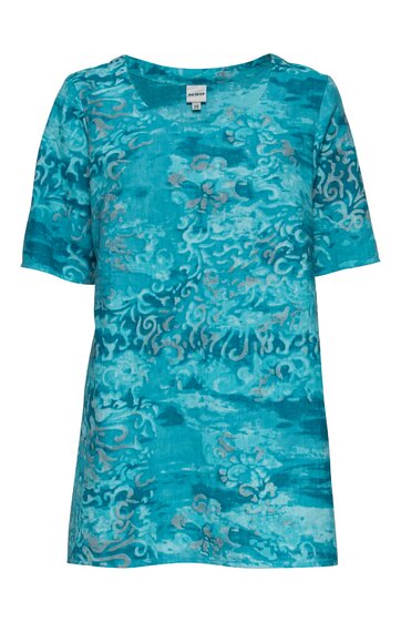 Türkisfarbenes T-Shirt mit abstraktem Muster in Hellblau und Grau, Rundhalsausschnitt, kurze Ärmel, gerade Form