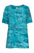 Türkisfarbenes T-Shirt mit abstraktem Muster in Hellblau und Grau, Rundhalsausschnitt, kurze Ärmel, gerade Form