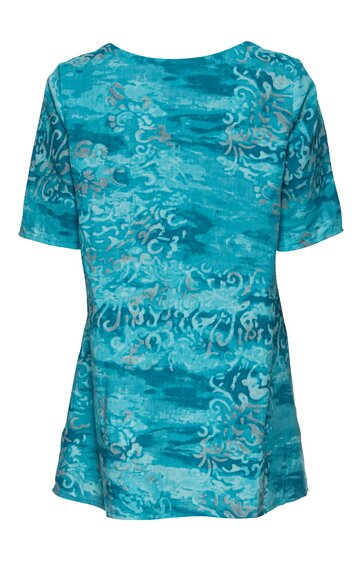 Türkisfarbenes T-Shirt mit abstraktem weißem Muster, Rundhalsausschnitt, kurze Ärmel, gerade geschnitten