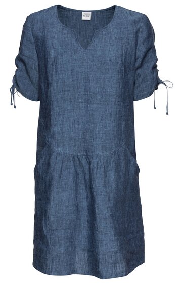 Dunkelblaues Kleid ohne Muster, V-Ausschnitt, halblange Ärmel mit Kordelzug, lockere Form, knielang