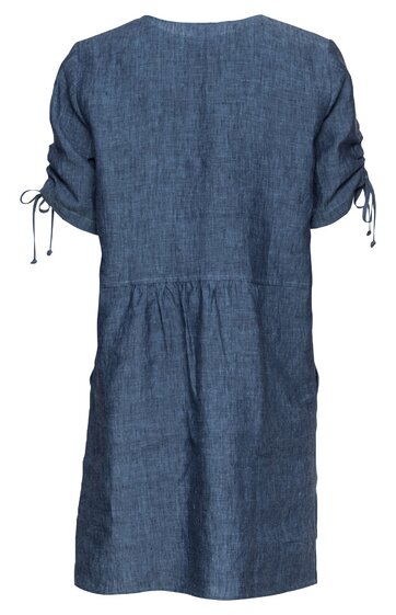 Dunkelblaues, knielanges Kleid ohne Muster, mit dreiviertellangen Ärmeln, Ärmeln mit Kordelzügen zum Raffen, lockere Passform, hinten glatte Stofffläche ohne Verschluss