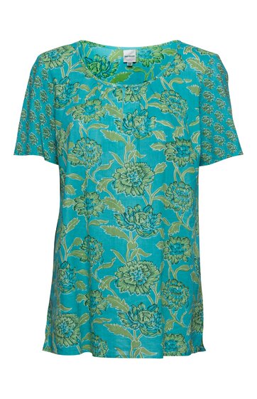 Damen-T-Shirt, blau-türkis mit gelb-grünem Blumenmuster, rundhals, kurze Ärmel, lockere Passform