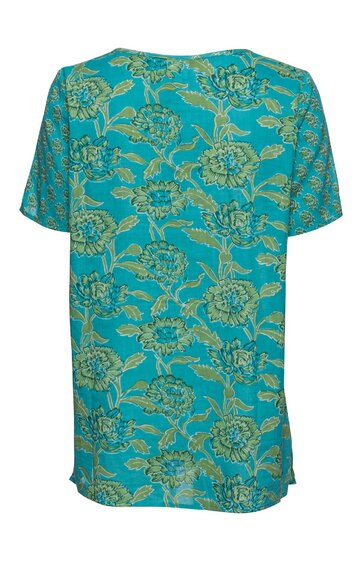Locker geschnittenes T-Shirt in Türkis mit gelbem und grünem Blumenmuster, Rundhalsausschnitt, kurze Ärmel, gerade geschnittener Saum