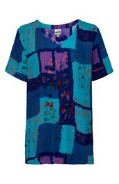 Kurzärmeliges T-Shirt in Blau- und Türkistönen mit abstraktem Muster, Rundhalsausschnitt, lockere Passform