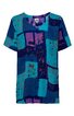 Kurzärmeliges T-Shirt in Blau- und Türkistönen mit abstraktem Muster, Rundhalsausschnitt, lockere Passform