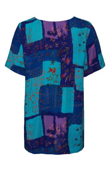 Kurzes Damenkleid, marineblau und türkis, abstraktes Muster, rundhalsausschnitt, kurze Ärmel, lockere Passform