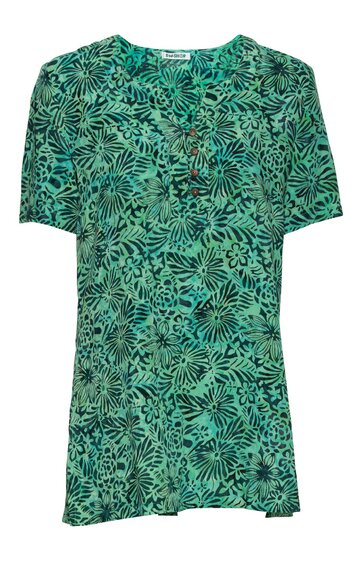 Tunika in grün mit dunkelgrünem floralen Blattmuster, kurze Ärmel, runder Halsausschnitt mit kurzer Knopfleiste, gerade Form