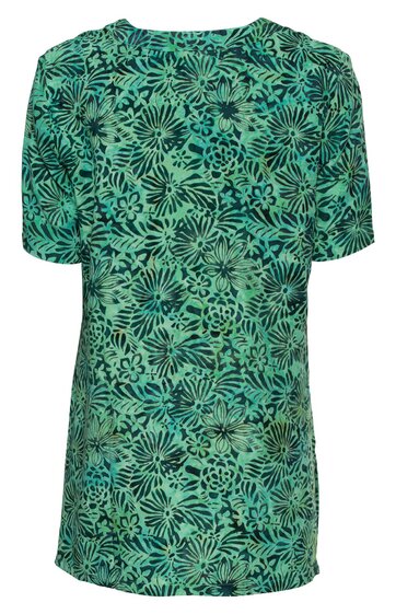 Grünes Damenkleid mit floralem Blattmuster in Dunkelgrün und Türkis, kurze Puffärmel, rundhalsausschnitt, gerade geschnitten, knieumspielende Länge