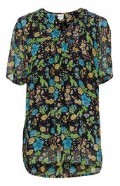 Schwarze Bluse mit floralem Muster in Blau und Grün, kurzärmlig, V-Ausschnitt mit Knopfleiste, locker geschnitten