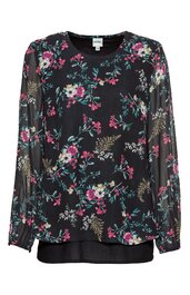 Schwarze Bluse mit buntem Blumenmuster in Rosa, Weiß und Grün, Rundhalsausschnitt, lange, transparente Ärmel, lockere Passform