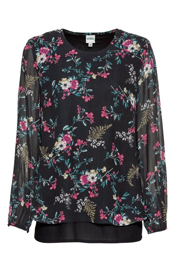 Schwarze Bluse mit buntem Blumenmuster in Rosa, Weiß und Grün, Rundhalsausschnitt, lange, transparente Ärmel, lockere Passform