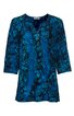 Damenbluse in petrolblau mit dunklem Blumenmuster, Rundhalsausschnitt mit kurzer Knopfleiste, Dreiviertelärmel, gerade geschnitten