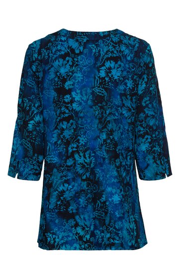 Dunkelblaues Longsleeve mit floralem Muster in Blau- und Schwarztönen, Rundhalsausschnitt, gerade geschnitten, 3/4-Arm-Länge