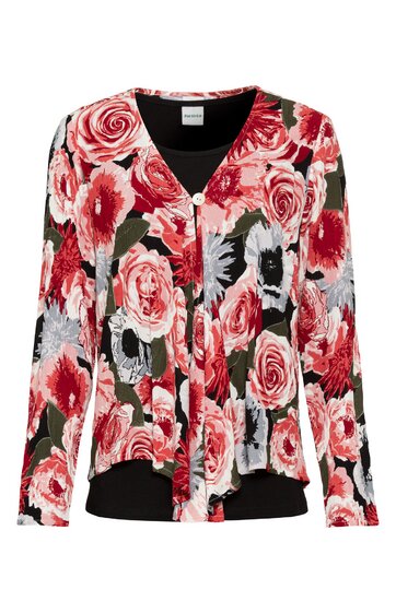 Damenbluse in Weiß mit großflächigem Rot- und Rosafloralmuster, V-Ausschnitt, lange Ärmel, knöpft vorne mit silbernen Knöpfen, leicht taillierte Form