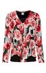 Damenbluse in Weiß mit großflächigem Rot- und Rosafloralmuster, V-Ausschnitt, lange Ärmel, knöpft vorne mit silbernen Knöpfen, leicht taillierte Form