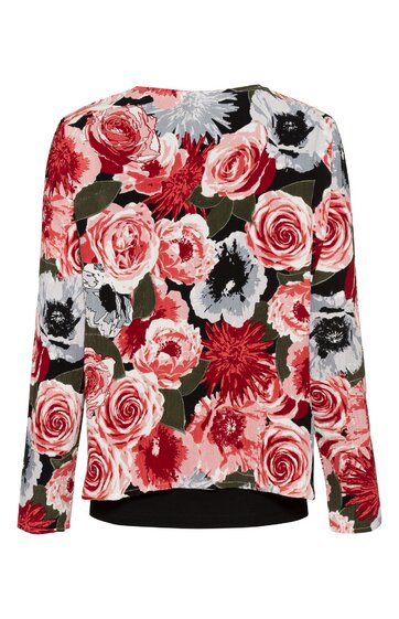 Langärmliges Damenoberteil in Weiß mit rotem und schwarzem großflächigem Rosenmuster, Rundhalsausschnitt, legerer Schnitt, Rückseite sichtbar