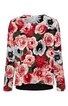 Langärmliges Damenoberteil in Weiß mit rotem und schwarzem großflächigem Rosenmuster, Rundhalsausschnitt, legerer Schnitt, Rückseite sichtbar