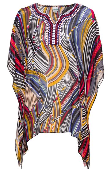 Buntes Kaftan-Oberteil mit abstraktem Linienmuster in Gelb, Rot, Blau und Weiß, V-Ausschnitt mit Zierverzierung, locker geschnitten, ärmelloses Design, asymmetrischer Saum