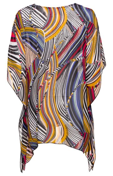 Bunte Damenbluse mit abstraktem Muster in Gelb, Orange, Blau, Schwarz und Weiß, weit geschnitten, asymmetrischer Saum, kurzer Fledermausärmel, rundhals, locker fallend