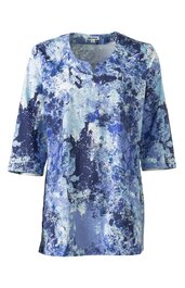 Blau-weiß gemusterte Bluse mit abstraktem Design, Rundhals, dreiviertellange Ärmel, lockere Form