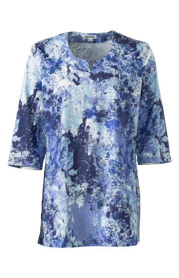 Blau-weiß gemusterte Bluse mit abstraktem Design, Rundhals, dreiviertellange Ärmel, lockere Form